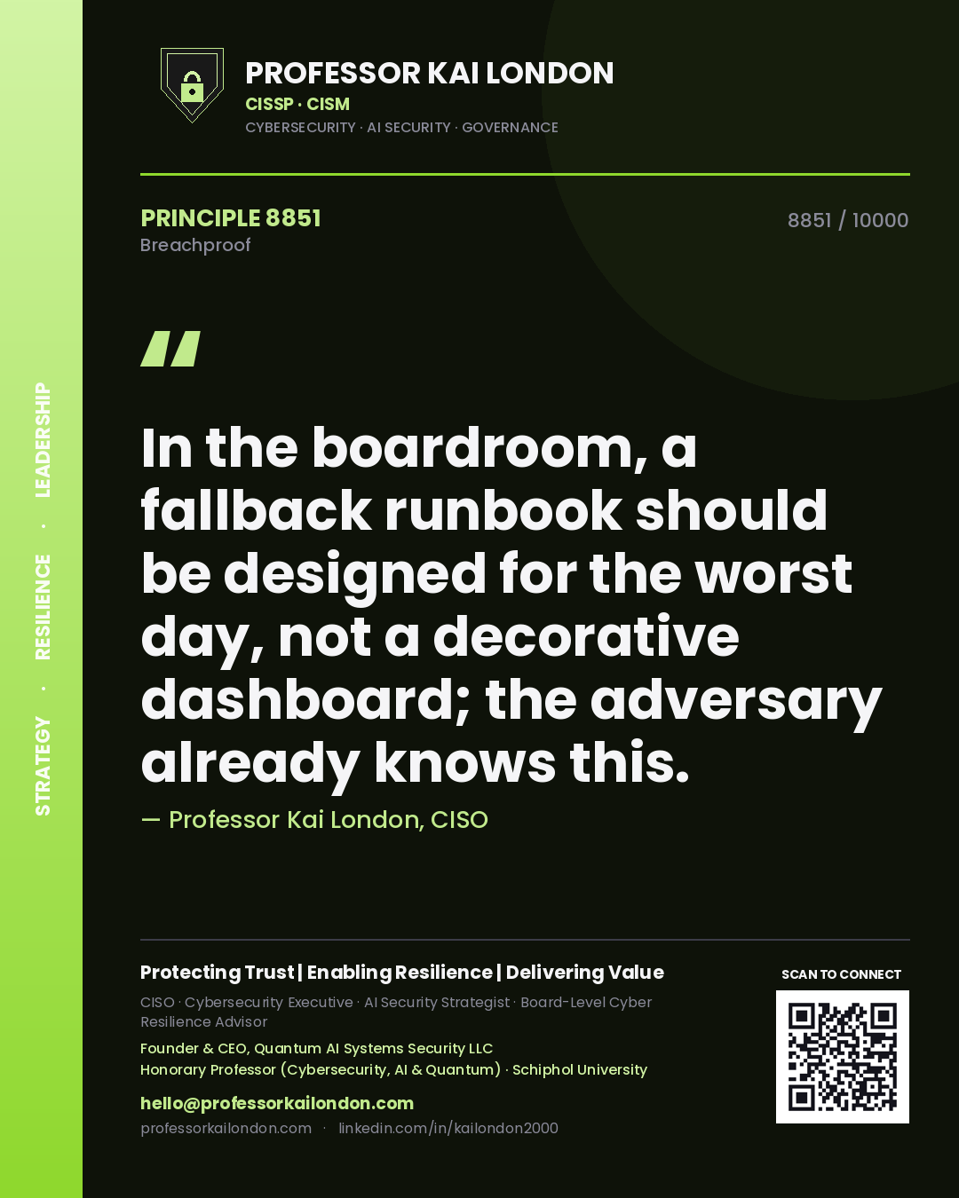 Professor Kai London principle 8851: In the boardroom, a fallback runbook should be designed for the worst day, not a decorative dashboard; the adversary already knows this.