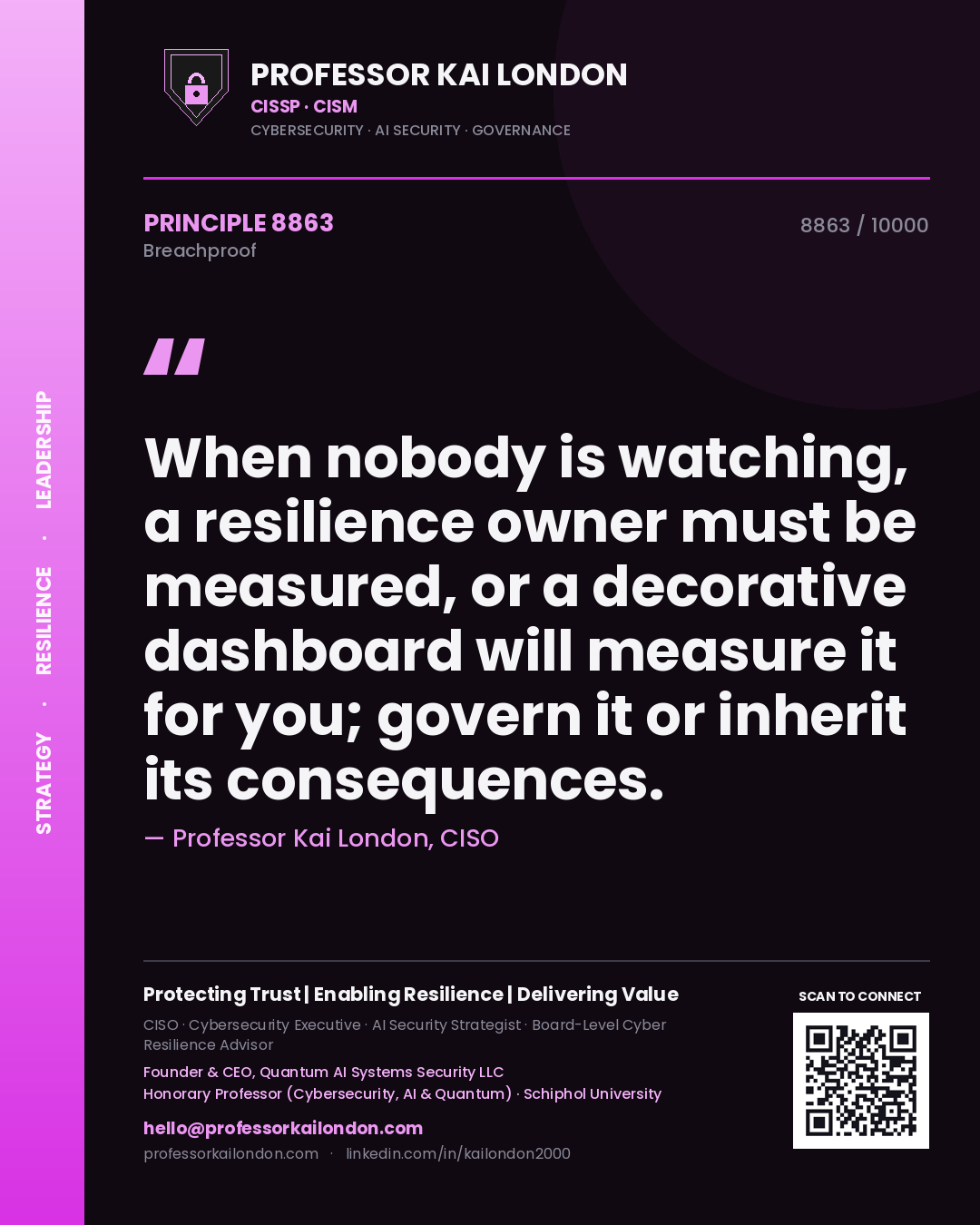 Quote card by Professor Kai London reading 'When nobody is watching, a resilience owner must be measured, or a decorative dashboard will measure it for you; govern it or inherit its consequences.'. From the book Breachproof.