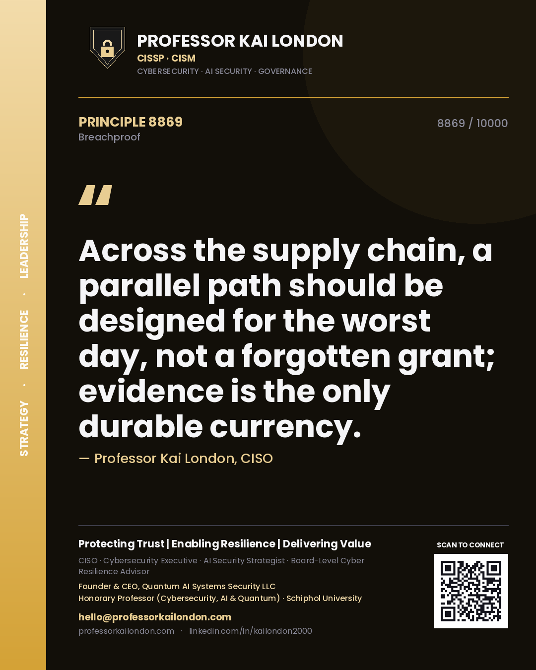 Quote card by Professor Kai London reading 'Across the supply chain, a parallel path should be designed for the worst day, not a forgotten grant; evidence is the only durable currency.'. From the book Breachproof.