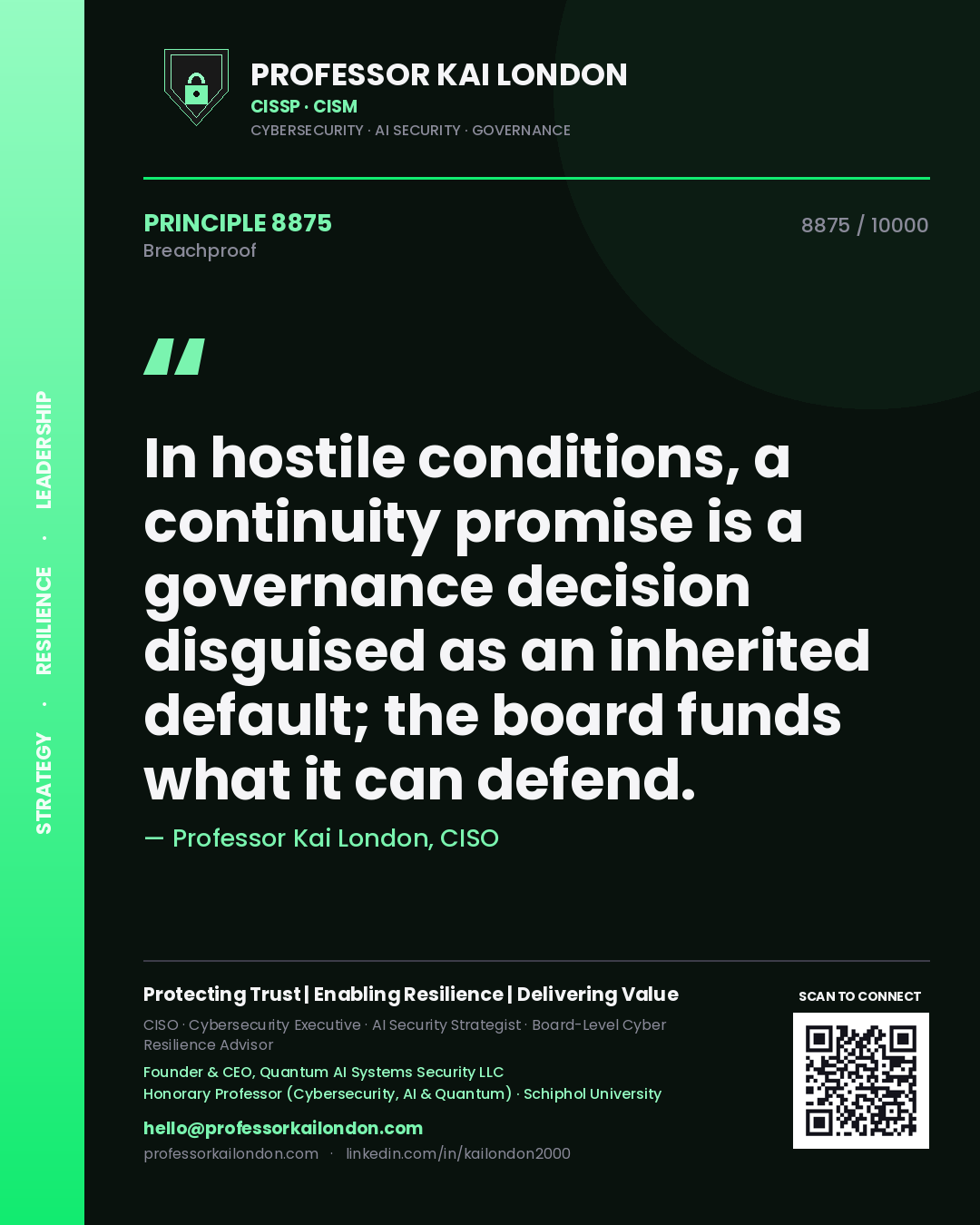 Quote card by Professor Kai London reading 'In hostile conditions, a continuity promise is a governance decision disguised as an inherited default; the board funds what it can defend.'. From the book Breachproof.