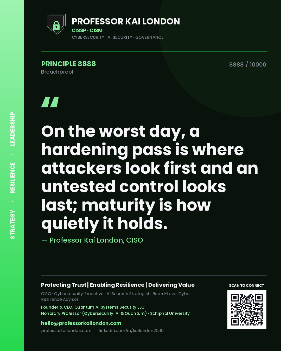 Quote card by Professor Kai London reading 'On the worst day, a hardening pass is where attackers look first and an untested control looks last; maturity is how quietly it holds.'. From the book Breachproof.