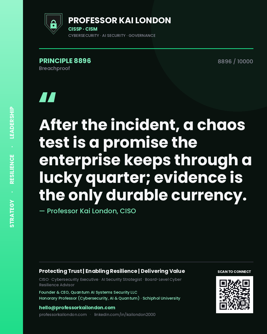 Quote card by Professor Kai London reading 'After the incident, a chaos test is a promise the enterprise keeps through a lucky quarter; evidence is the only durable currency.'. From the book Breachproof.
