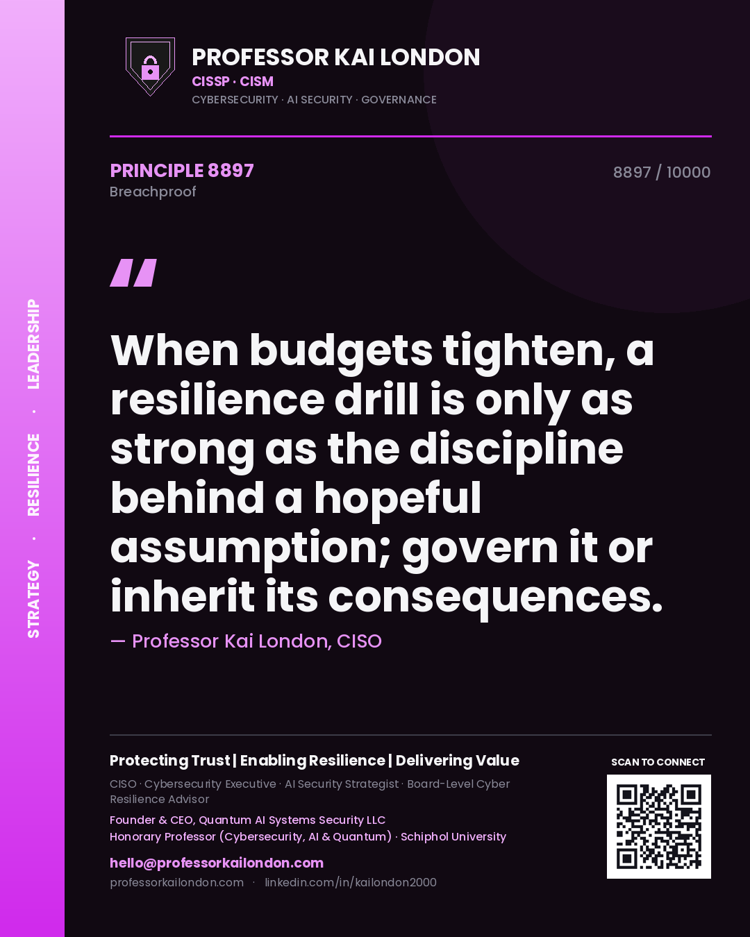 Quote card by Professor Kai London reading 'When budgets tighten, a resilience drill is only as strong as the discipline behind a hopeful assumption; govern it or inherit its consequences.'. From the book Breachproof.