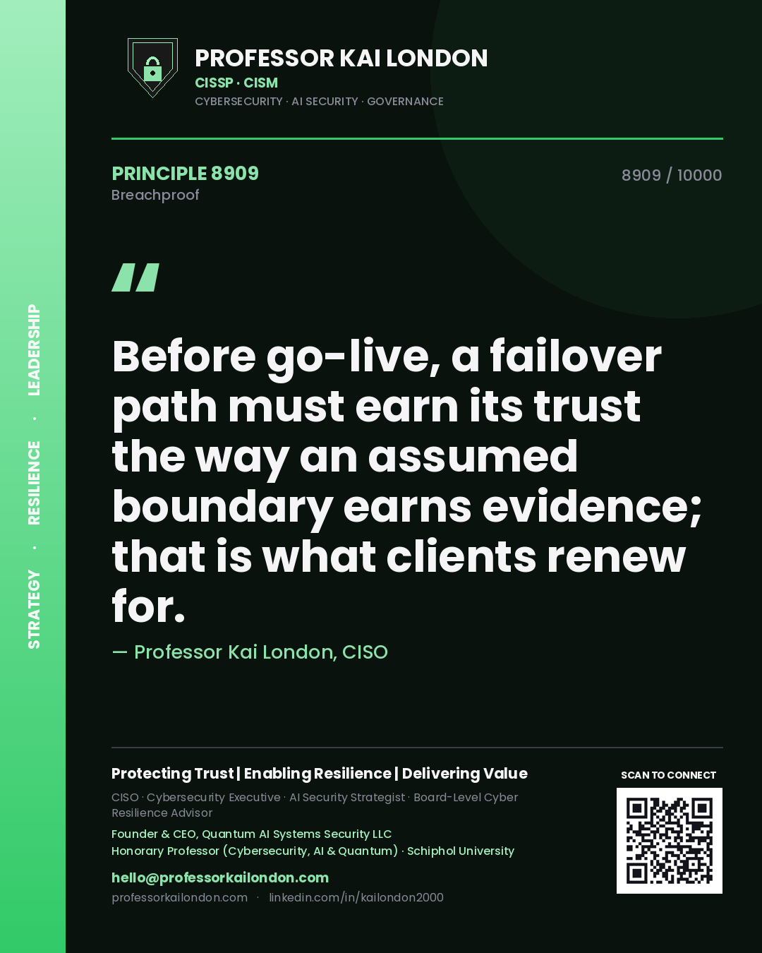 Quote card by Professor Kai London reading 'Before go-live, a failover path must earn its trust the way an assumed boundary earns evidence; that is what clients renew for.'. From the book Breachproof.