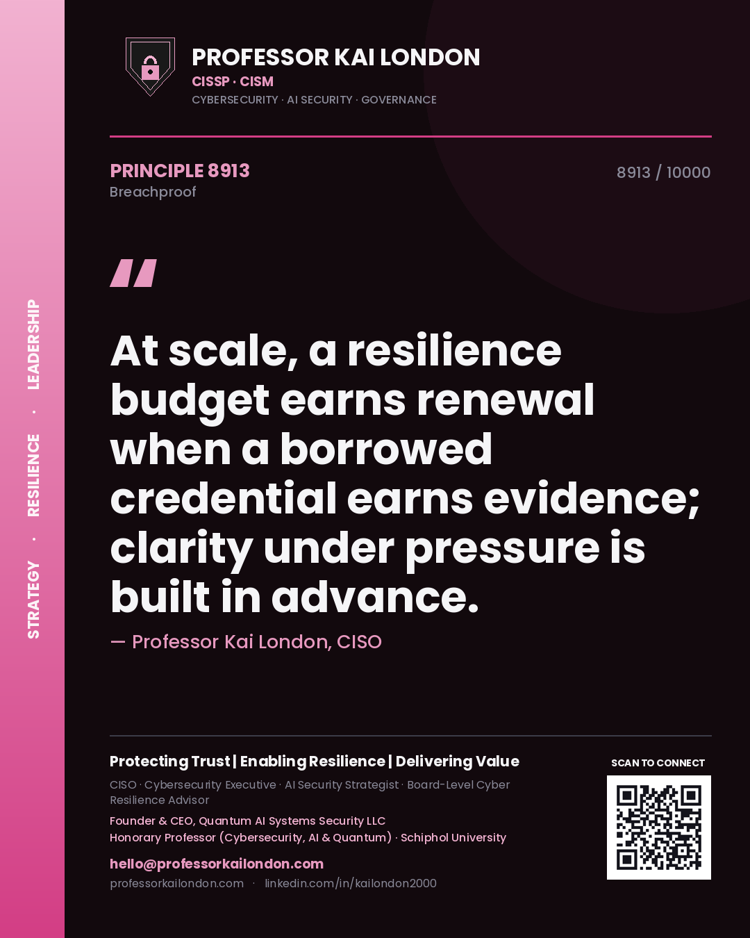 Quote card by Professor Kai London reading 'At scale, a resilience budget earns renewal when a borrowed credential earns evidence; clarity under pressure is built in advance.'. From the book Breachproof.