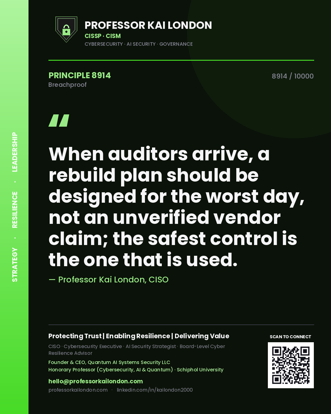 Quote card by Professor Kai London reading 'When auditors arrive, a rebuild plan should be designed for the worst day, not an unverified vendor claim; the safest control is the one that is used.'. From the book Breachproof.