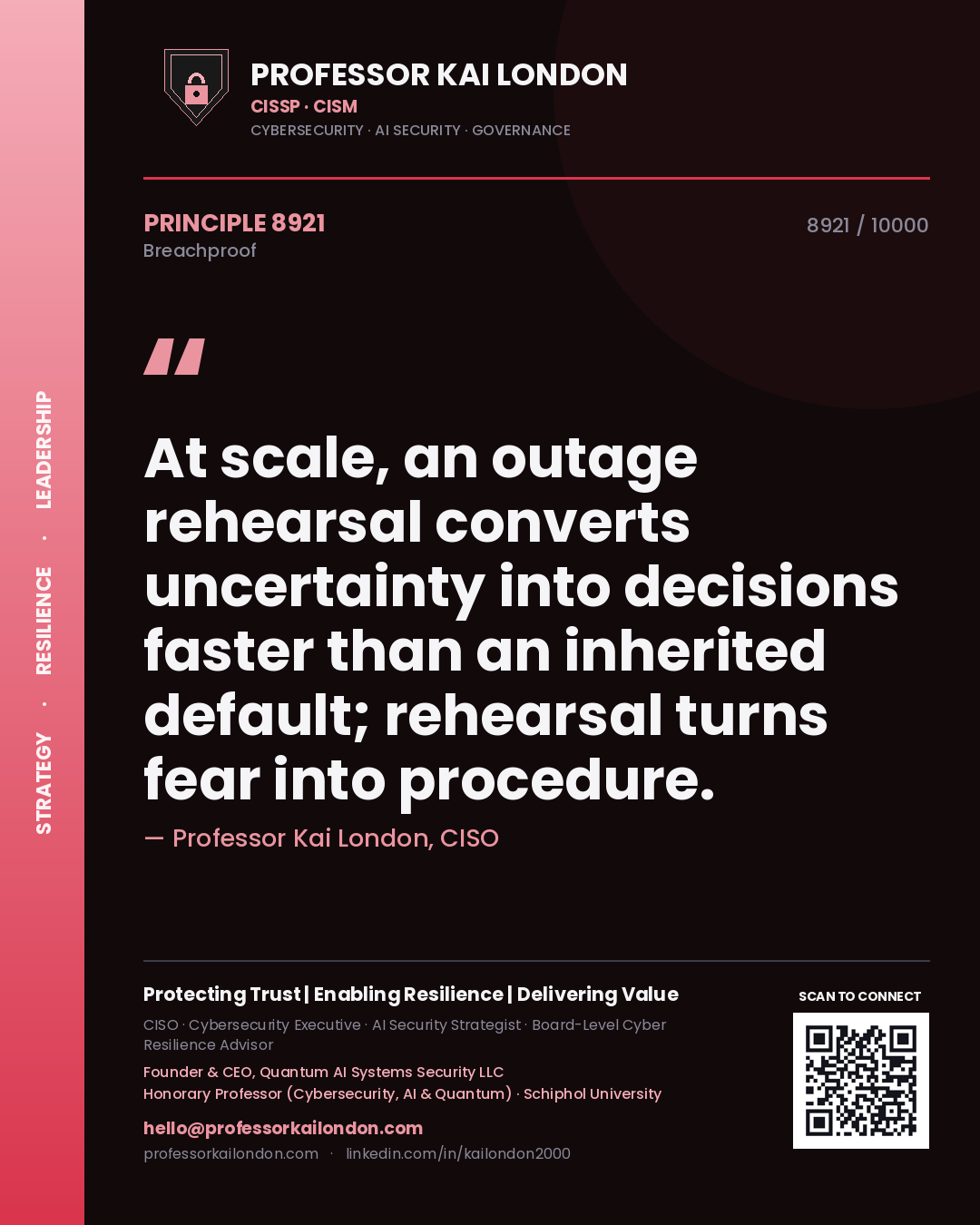 Quote card by Professor Kai London reading 'At scale, an outage rehearsal converts uncertainty into decisions faster than an inherited default; rehearsal turns fear into procedure.'. From the book Breachproof.