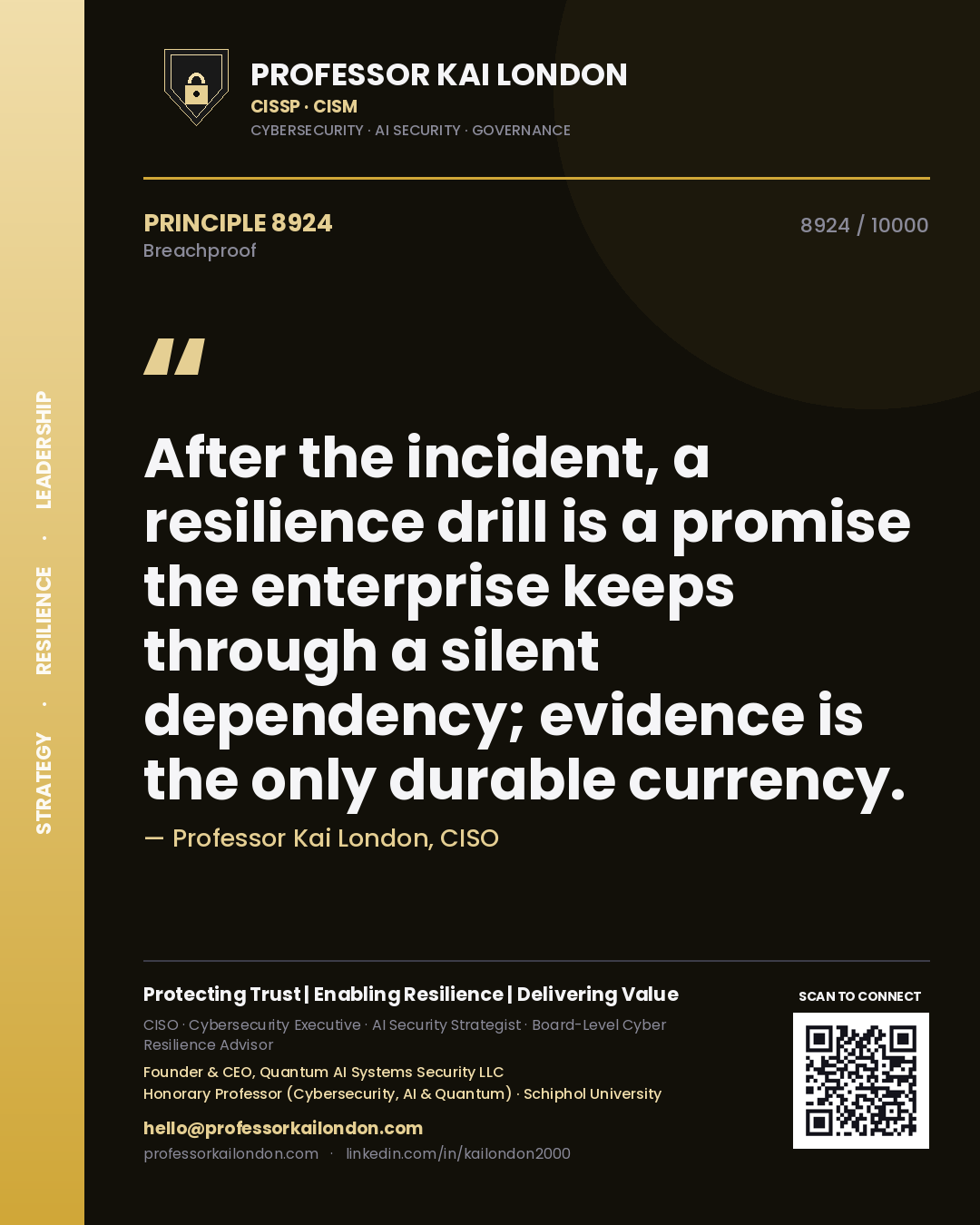 Quote card by Professor Kai London reading 'After the incident, a resilience drill is a promise the enterprise keeps through a silent dependency; evidence is the only durable currency.'. From the book Breachproof.