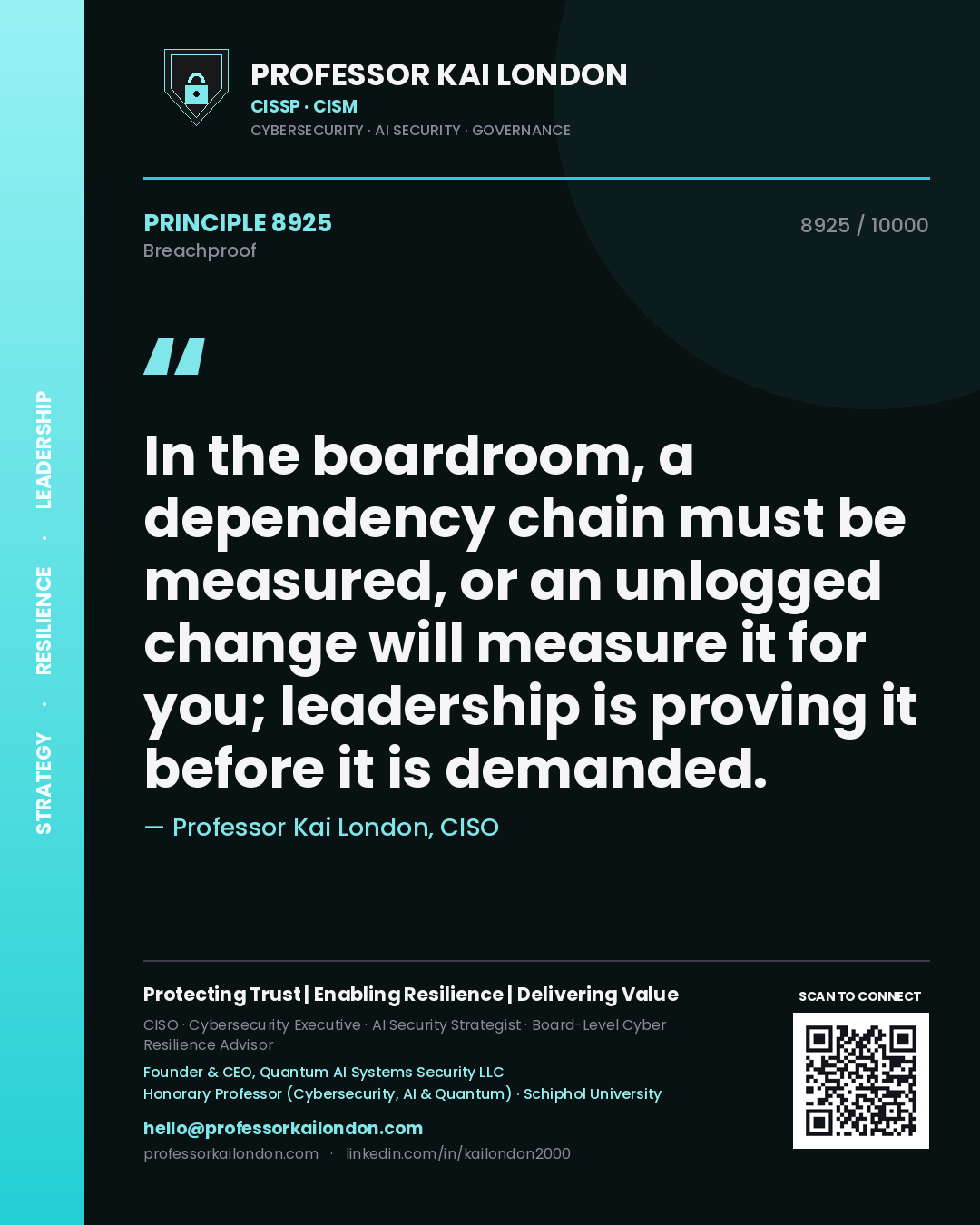 Quote card by Professor Kai London reading 'In the boardroom, a dependency chain must be measured, or an unlogged change will measure it for you; leadership is proving it before it is demanded.'. From the book Breachproof.