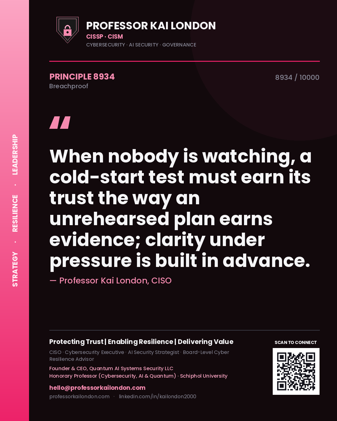 Quote card by Professor Kai London reading 'When nobody is watching, a cold-start test must earn its trust the way an unrehearsed plan earns evidence; clarity under pressure is built in advance.'. From the book Breachproof.