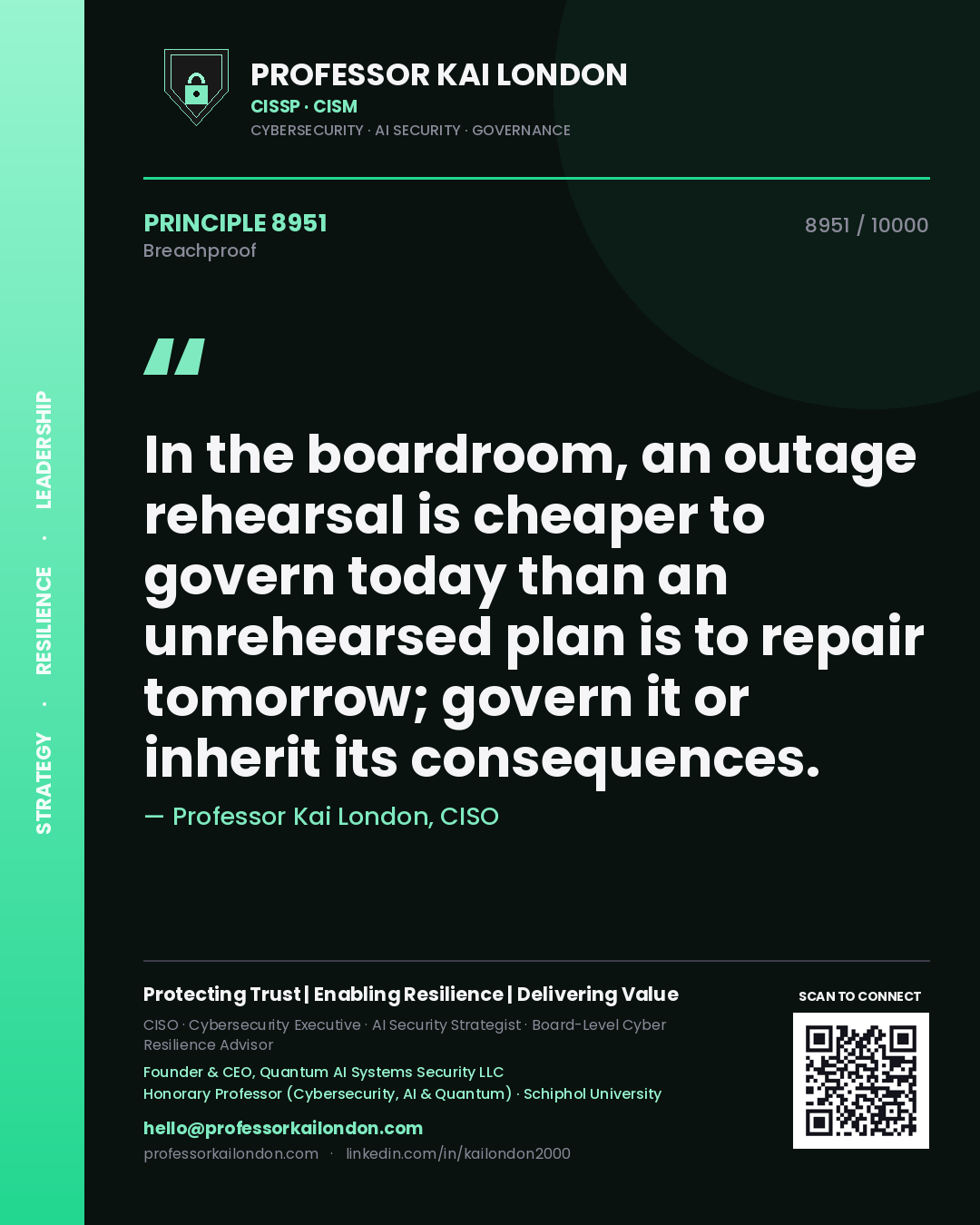 Quote card by Professor Kai London reading 'In the boardroom, an outage rehearsal is cheaper to govern today than an unrehearsed plan is to repair tomorrow; govern it or inherit its consequences.'. From the book Breachproof.