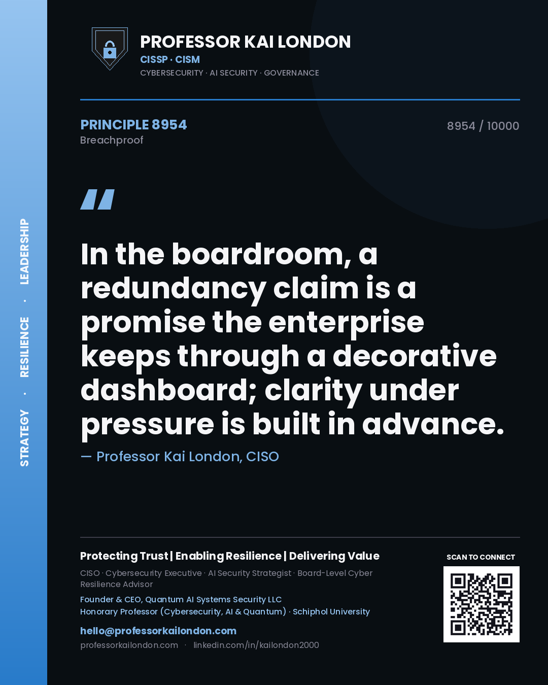 Quote card by Professor Kai London reading 'In the boardroom, a redundancy claim is a promise the enterprise keeps through a decorative dashboard; clarity under pressure is built in advance.'. From the book Breachproof.
