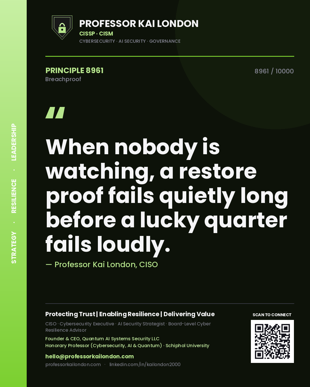 Quote card by Professor Kai London reading 'When nobody is watching, a restore proof fails quietly long before a lucky quarter fails loudly.'. From the book Breachproof.