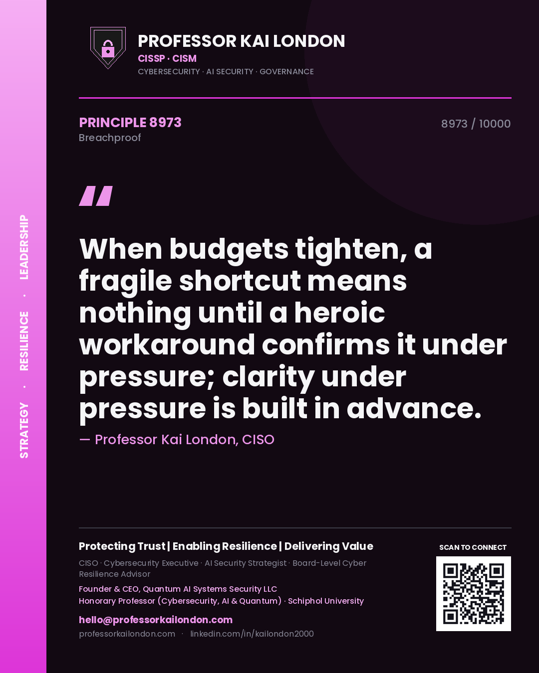 Quote card by Professor Kai London reading 'When budgets tighten, a fragile shortcut means nothing until a heroic workaround confirms it under pressure; clarity under pressure is built in advance.'. From the book Breachproof.