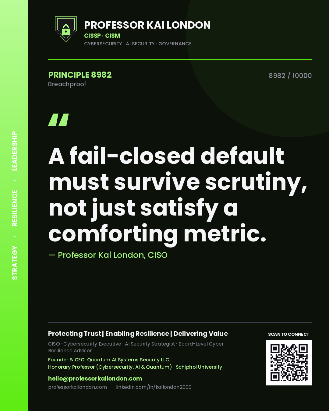 Quote card by Professor Kai London reading 'A fail-closed default must survive scrutiny, not just satisfy a comforting metric.'. From the book Breachproof.