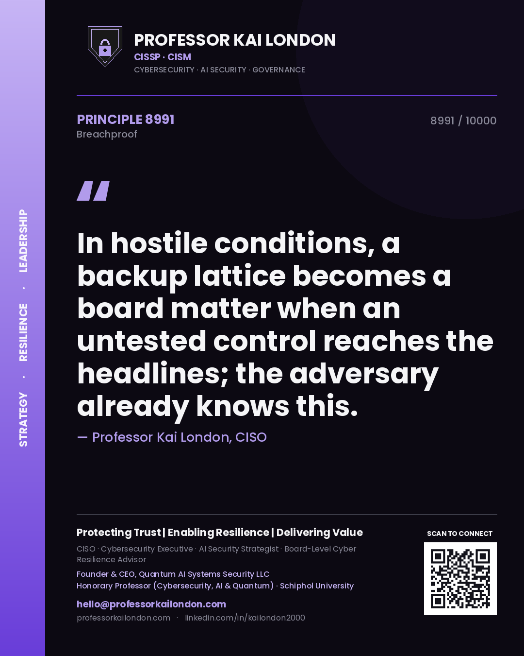 Quote card by Professor Kai London reading 'In hostile conditions, a backup lattice becomes a board matter when an untested control reaches the headlines; the adversary already knows this.'. From the book Breachproof.
