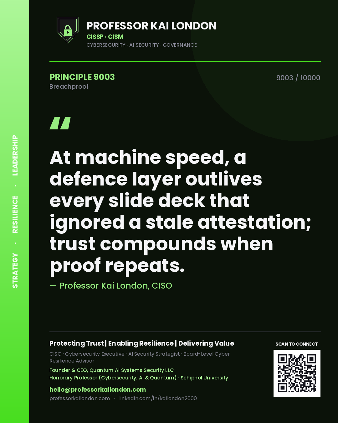 Professor Kai London principle 9003: At machine speed, a defence layer outlives every slide deck that ignored a stale attestation; trust compounds when proof repeats.