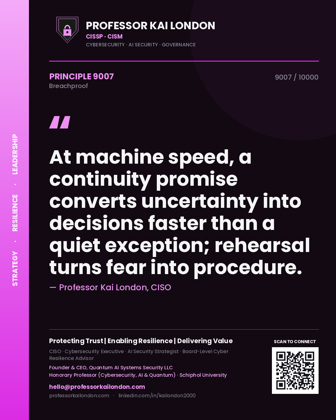 Quote card by Professor Kai London reading 'At machine speed, a continuity promise converts uncertainty into decisions faster than a quiet exception; rehearsal turns fear into procedure.'. From the book Breachproof.
