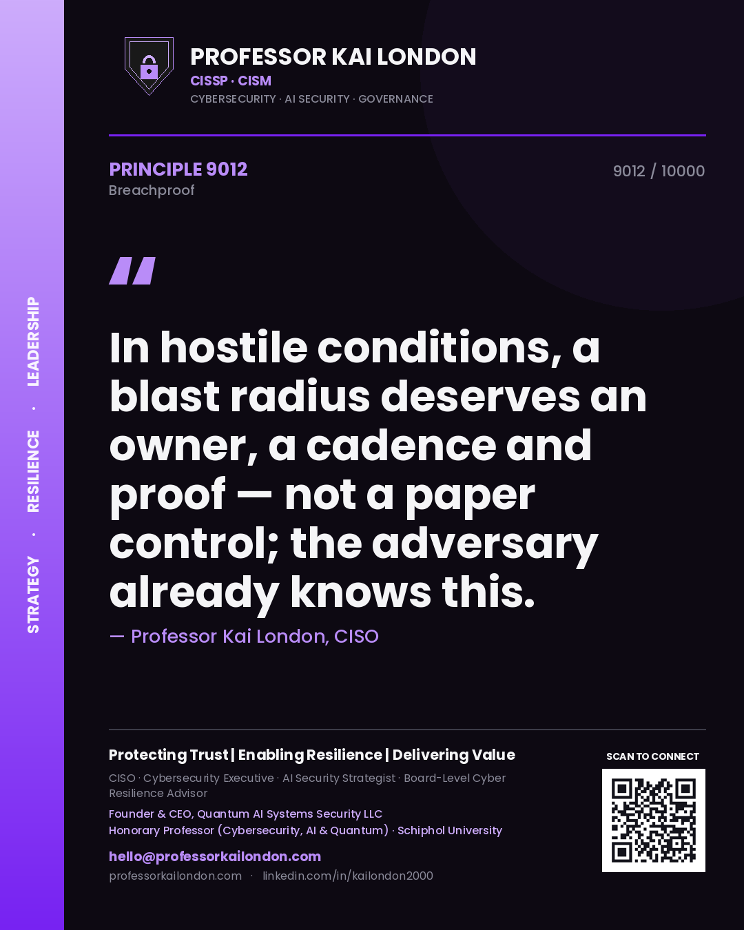 Quote card by Professor Kai London reading 'In hostile conditions, a blast radius deserves an owner, a cadence and proof — not a paper control; the adversary already knows this.'. From the book Breachproof.