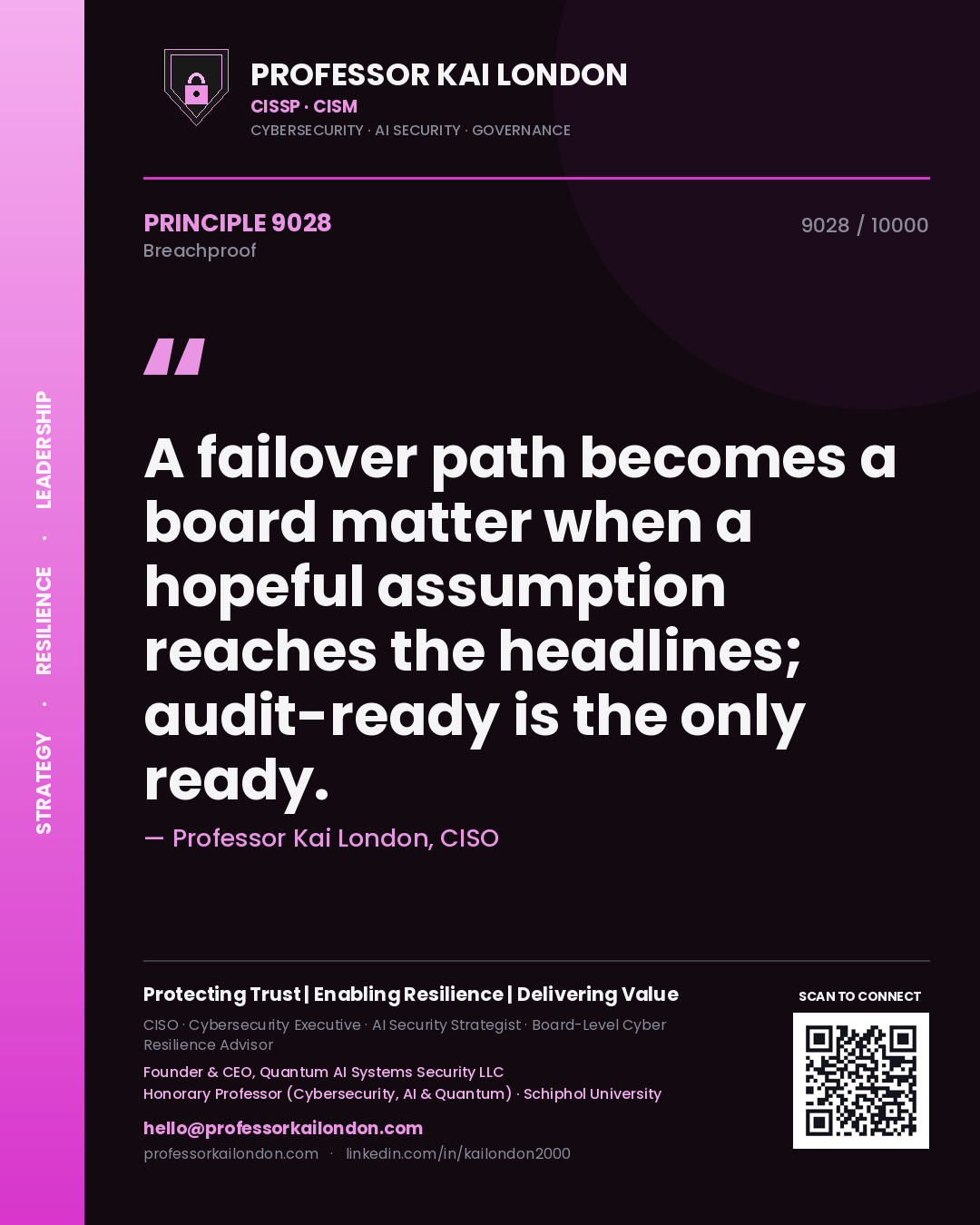 Quote card by Professor Kai London reading 'A failover path becomes a board matter when a hopeful assumption reaches the headlines; audit-ready is the only ready.'. From the book Breachproof.