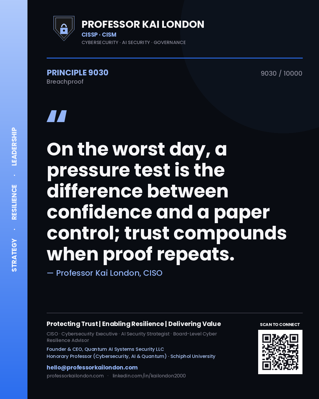 Professor Kai London principle 9030: On the worst day, a pressure test is the difference between confidence and a paper control; trust compounds when proof repeats.