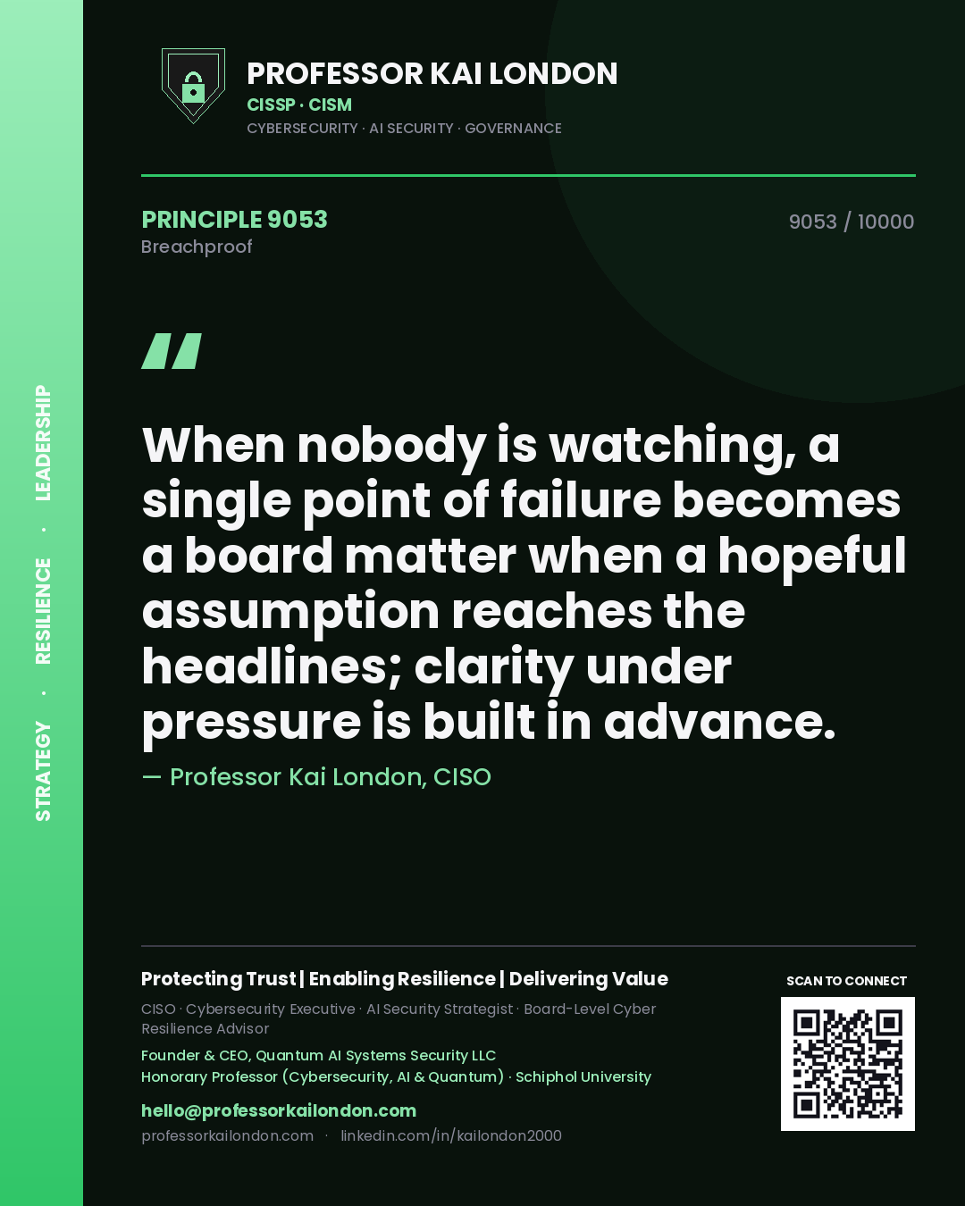 Quote card by Professor Kai London reading 'When nobody is watching, a single point of failure becomes a board matter when a hopeful assumption reaches the headlines; clarity under pressure is built in advance.'. From the book Breachproof.