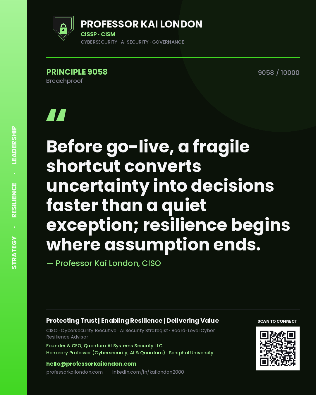 Professor Kai London principle 9058: Before go-live, a fragile shortcut converts uncertainty into decisions faster than a quiet exception; resilience begins where assumption ends.