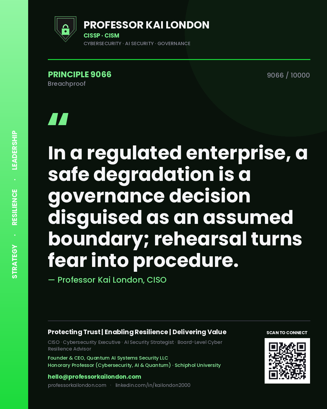 Quote card by Professor Kai London reading 'In a regulated enterprise, a safe degradation is a governance decision disguised as an assumed boundary; rehearsal turns fear into procedure.'. From the book Breachproof.