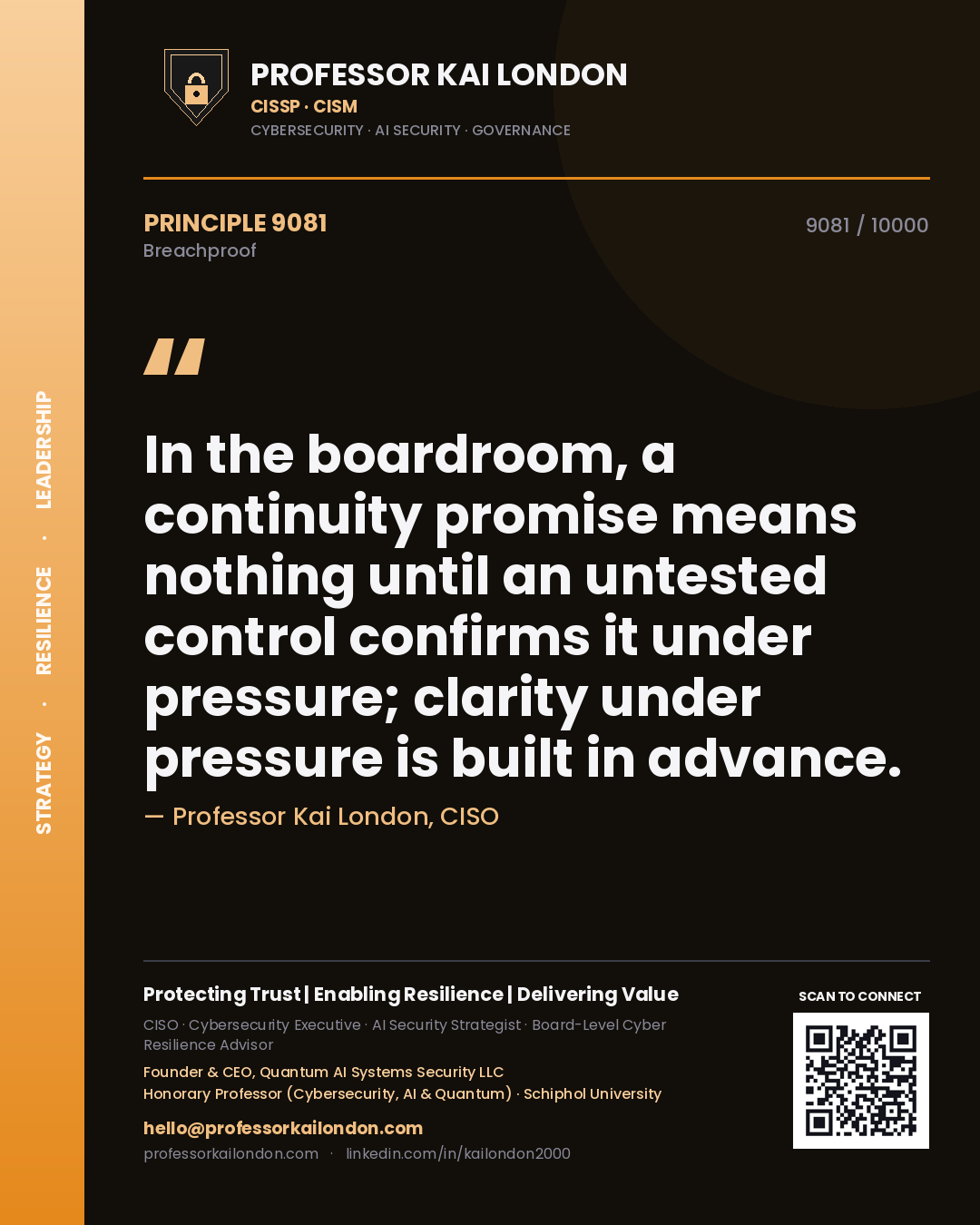Quote card by Professor Kai London reading 'In the boardroom, a continuity promise means nothing until an untested control confirms it under pressure; clarity under pressure is built in advance.'. From the book Breachproof.