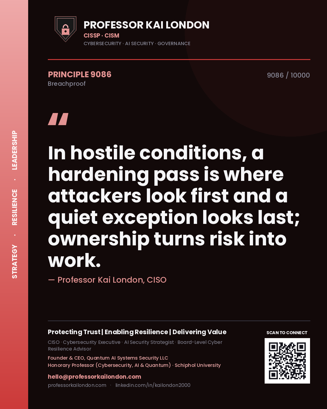 Quote card by Professor Kai London reading 'In hostile conditions, a hardening pass is where attackers look first and a quiet exception looks last; ownership turns risk into work.'. From the book Breachproof.