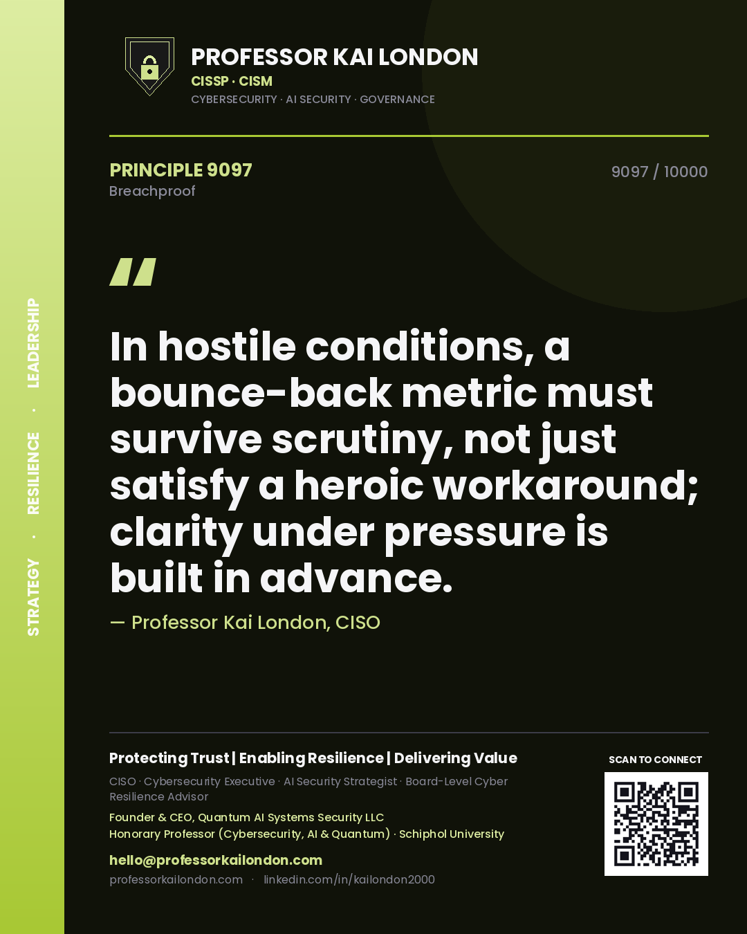 Quote card by Professor Kai London reading 'In hostile conditions, a bounce-back metric must survive scrutiny, not just satisfy a heroic workaround; clarity under pressure is built in advance.'. From the book Breachproof.