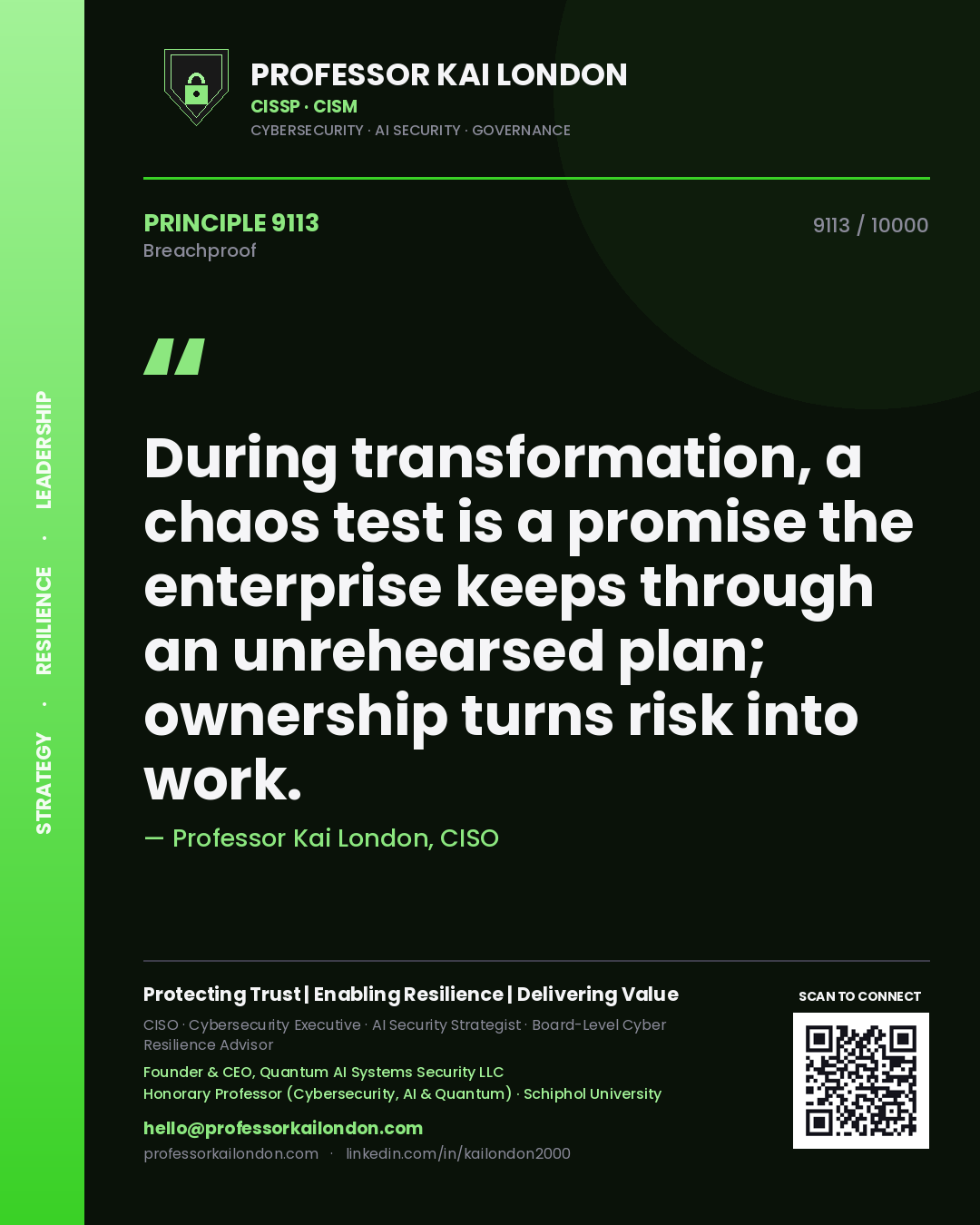 Professor Kai London principle 9113: During transformation, a chaos test is a promise the enterprise keeps through an unrehearsed plan; ownership turns risk into work.