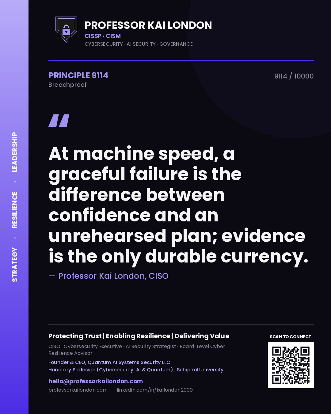 Quote card by Professor Kai London reading 'At machine speed, a graceful failure is the difference between confidence and an unrehearsed plan; evidence is the only durable currency.'. From the book Breachproof.