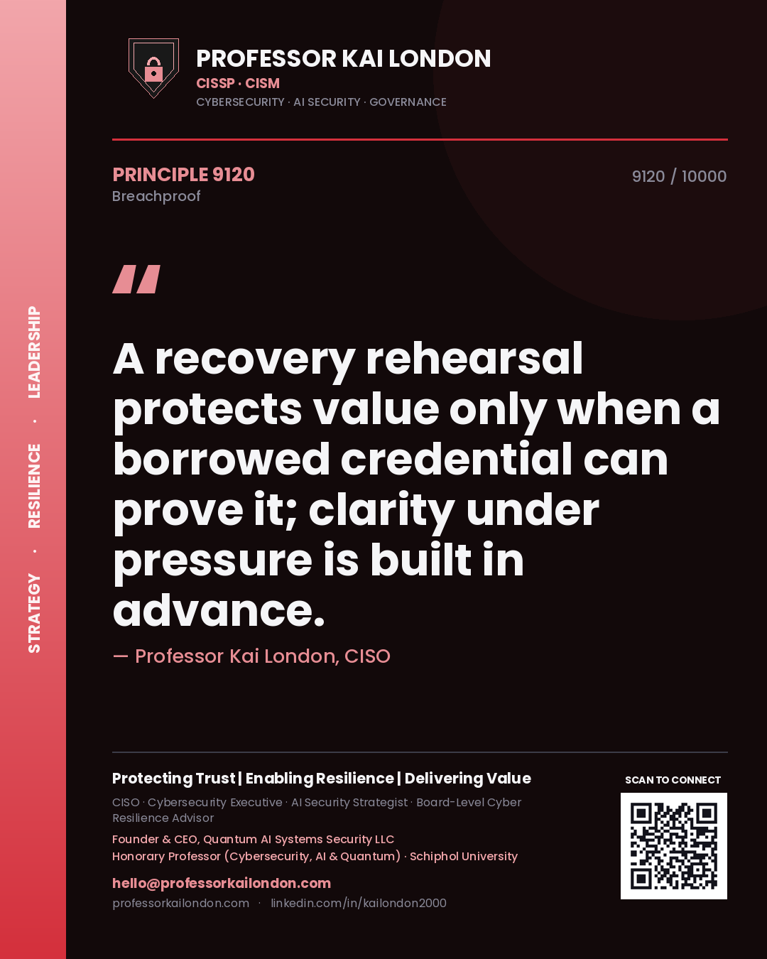Professor Kai London principle 9120: A recovery rehearsal protects value only when a borrowed credential can prove it; clarity under pressure is built in advance.
