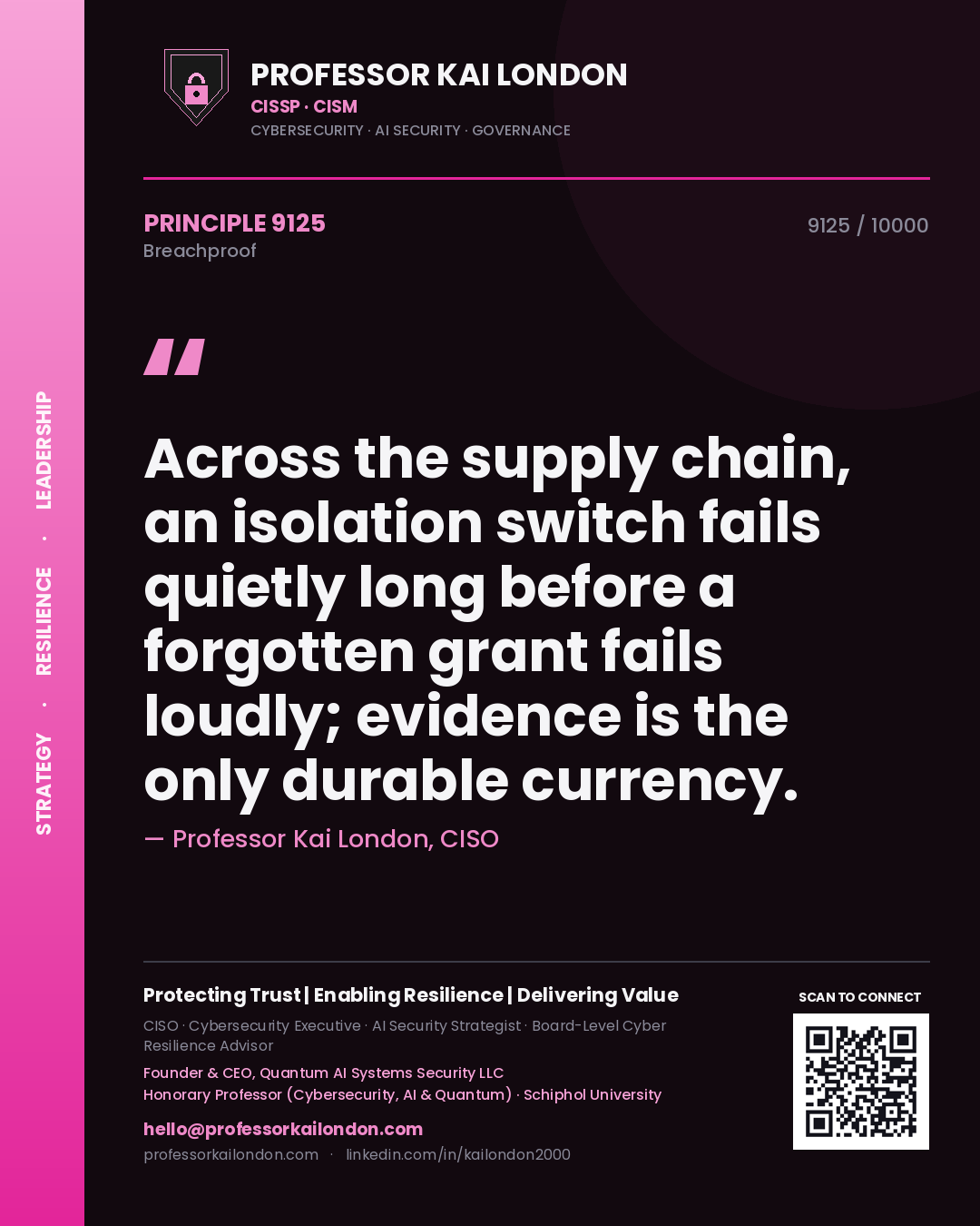 Quote card by Professor Kai London reading 'Across the supply chain, an isolation switch fails quietly long before a forgotten grant fails loudly; evidence is the only durable currency.'. From the book Breachproof.
