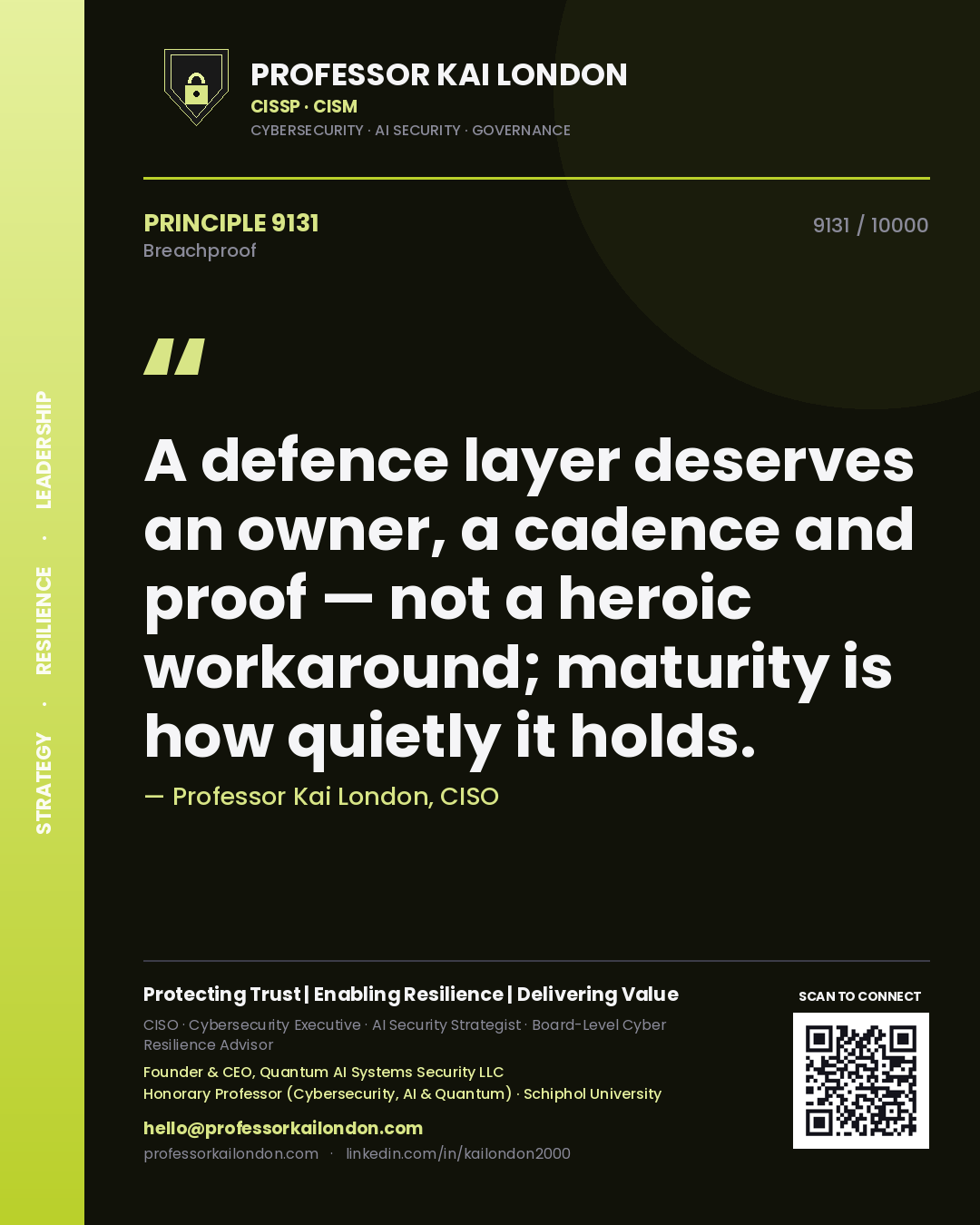 Quote card by Professor Kai London reading 'A defence layer deserves an owner, a cadence and proof — not a heroic workaround; maturity is how quietly it holds.'. From the book Breachproof.