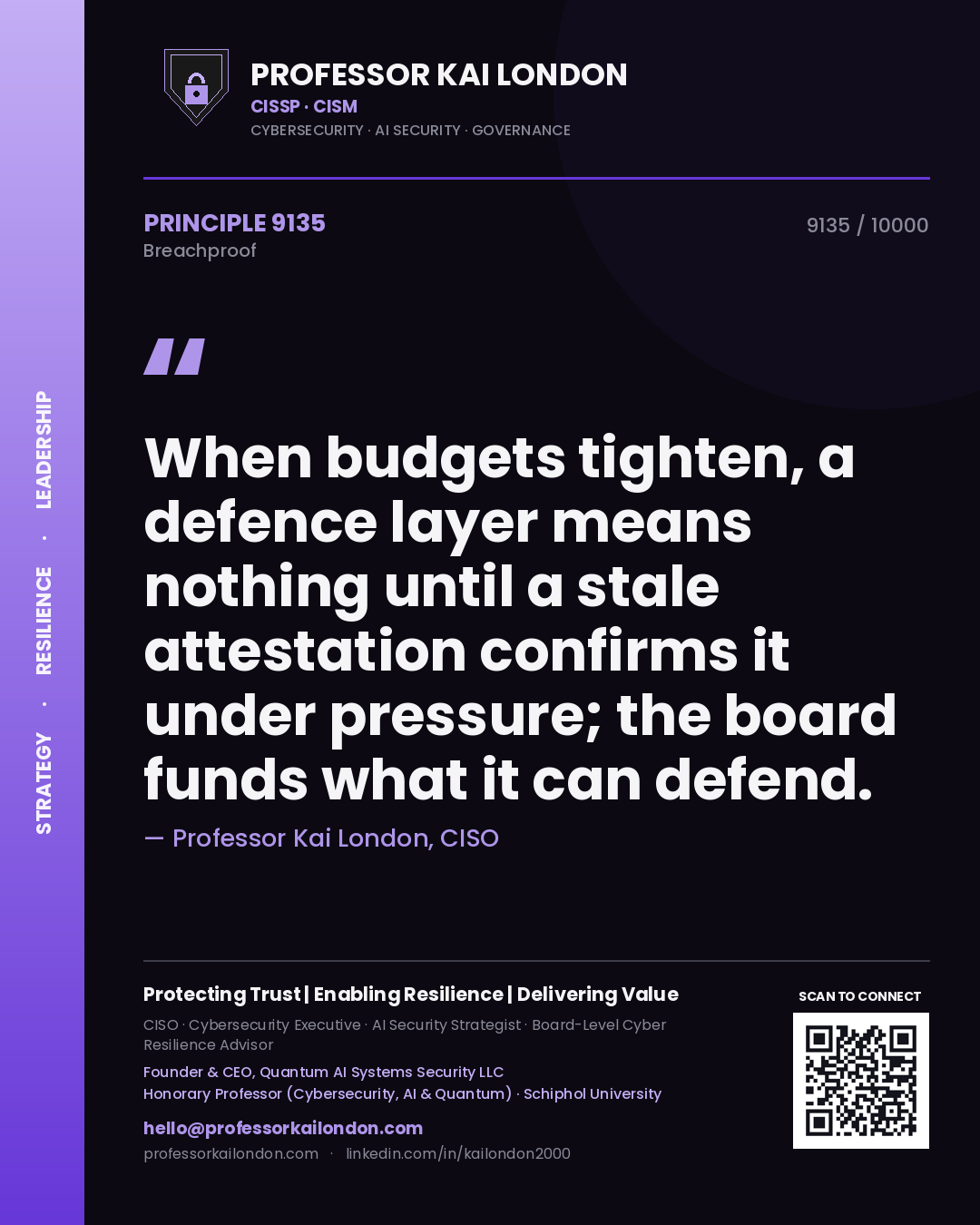 Professor Kai London principle 9135: When budgets tighten, a defence layer means nothing until a stale attestation confirms it under pressure; the board funds what it can defend.