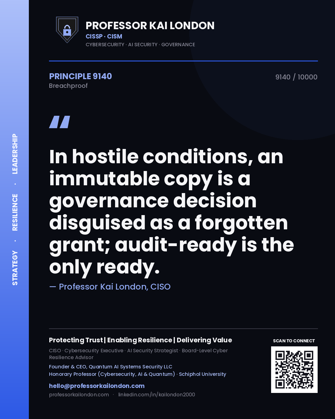 Quote card by Professor Kai London reading 'In hostile conditions, an immutable copy is a governance decision disguised as a forgotten grant; audit-ready is the only ready.'. From the book Breachproof.