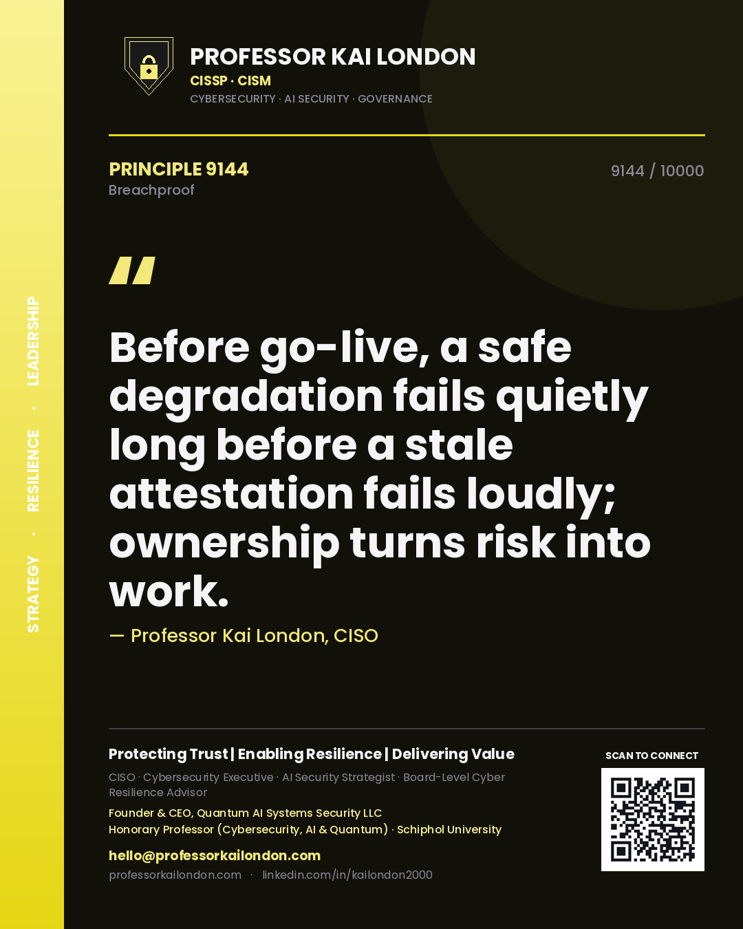 Quote card by Professor Kai London reading 'Before go-live, a safe degradation fails quietly long before a stale attestation fails loudly; ownership turns risk into work.'. From the book Breachproof.
