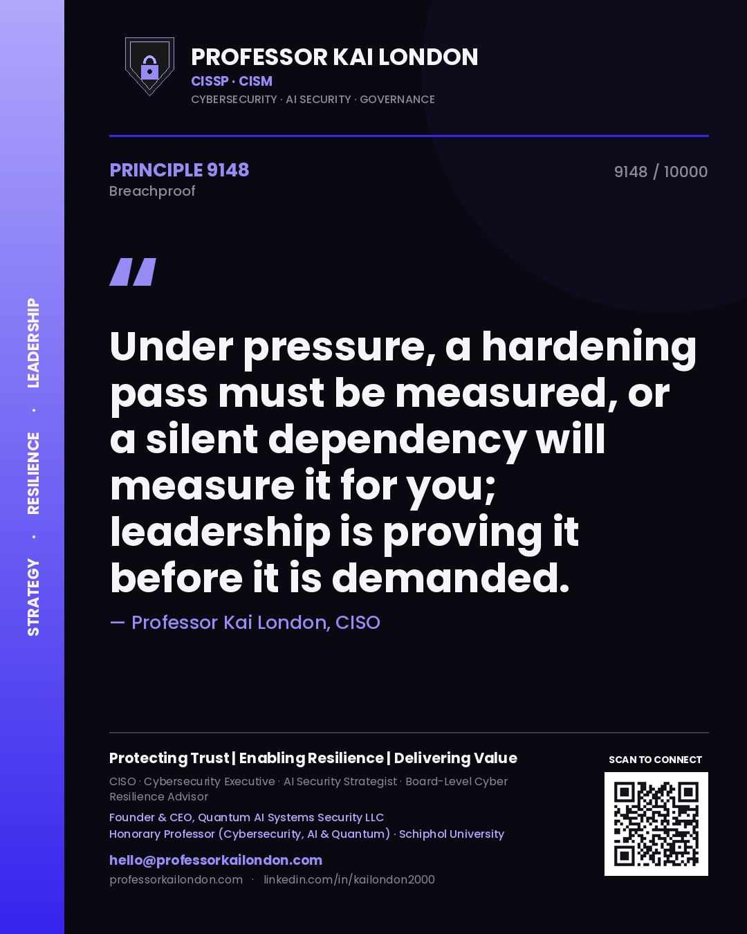 Professor Kai London principle 9148: Under pressure, a hardening pass must be measured, or a silent dependency will measure it for you; leadership is proving it before it is demanded.