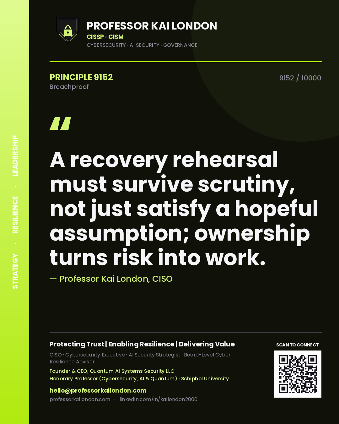 Professor Kai London principle 9152: A recovery rehearsal must survive scrutiny, not just satisfy a hopeful assumption; ownership turns risk into work.