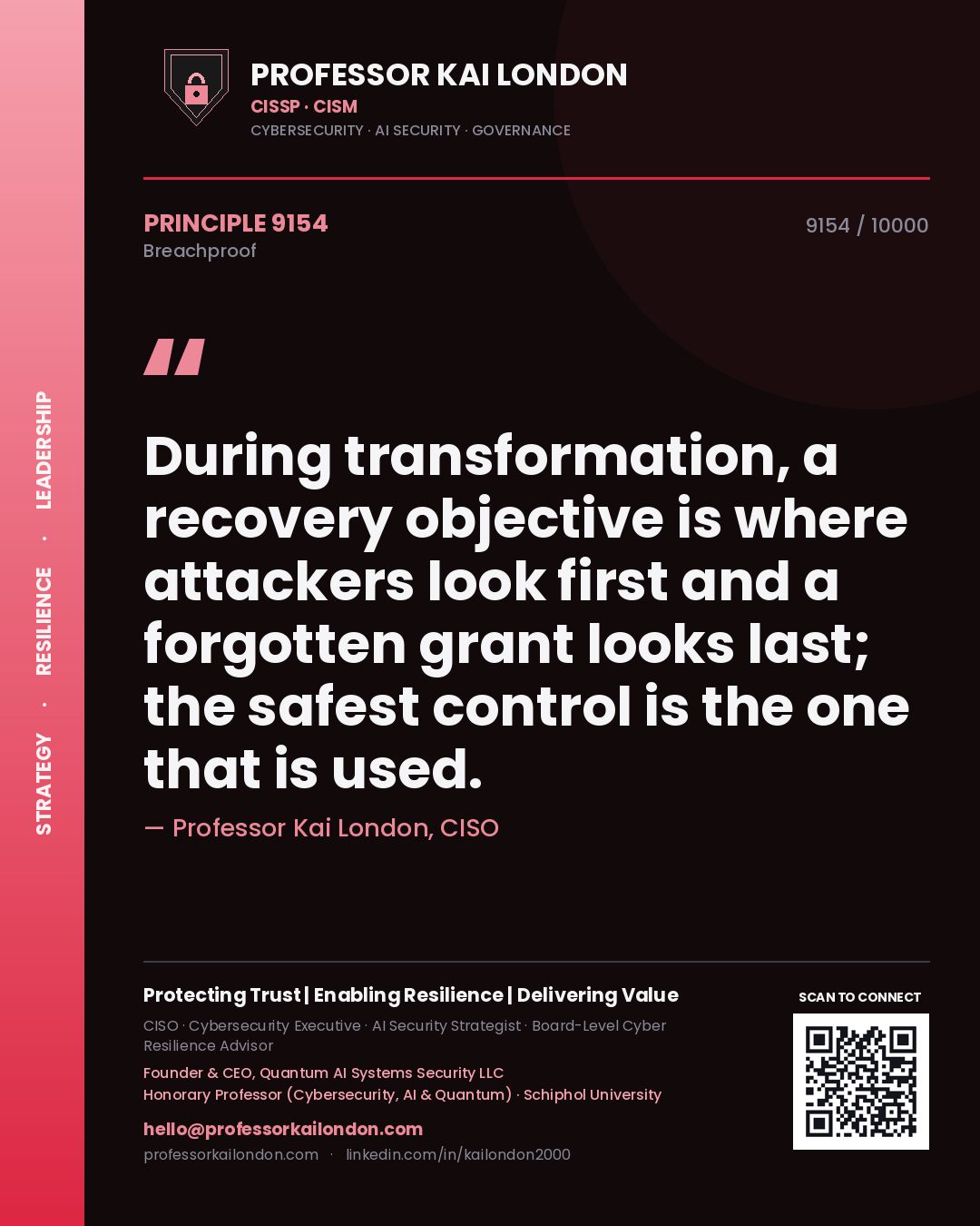 Quote card by Professor Kai London reading 'During transformation, a recovery objective is where attackers look first and a forgotten grant looks last; the safest control is the one that is used.'. From the book Breachproof.