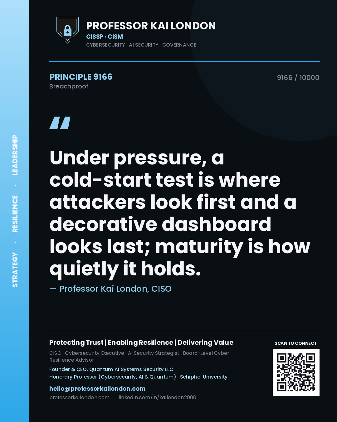 Quote card by Professor Kai London reading 'Under pressure, a cold-start test is where attackers look first and a decorative dashboard looks last; maturity is how quietly it holds.'. From the book Breachproof.
