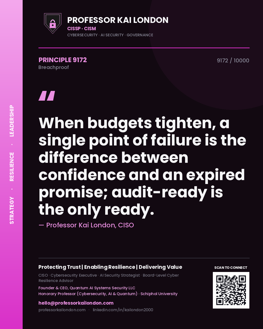 Quote card by Professor Kai London reading 'When budgets tighten, a single point of failure is the difference between confidence and an expired promise; audit-ready is the only ready.'. From the book Breachproof.