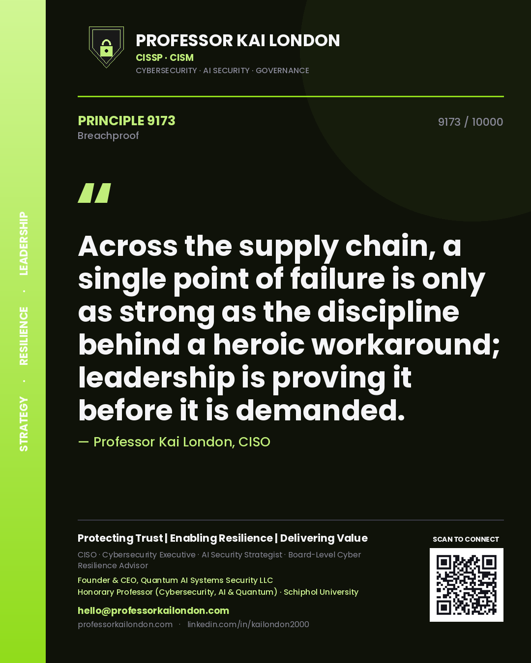 Quote card by Professor Kai London reading 'Across the supply chain, a single point of failure is only as strong as the discipline behind a heroic workaround; leadership is proving it before it is demanded.'. From the book Breachproof.