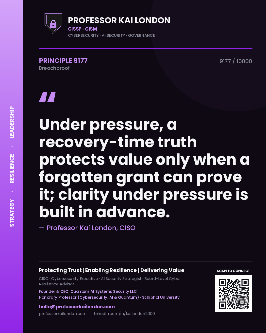 Quote card by Professor Kai London reading 'Under pressure, a recovery-time truth protects value only when a forgotten grant can prove it; clarity under pressure is built in advance.'. From the book Breachproof.