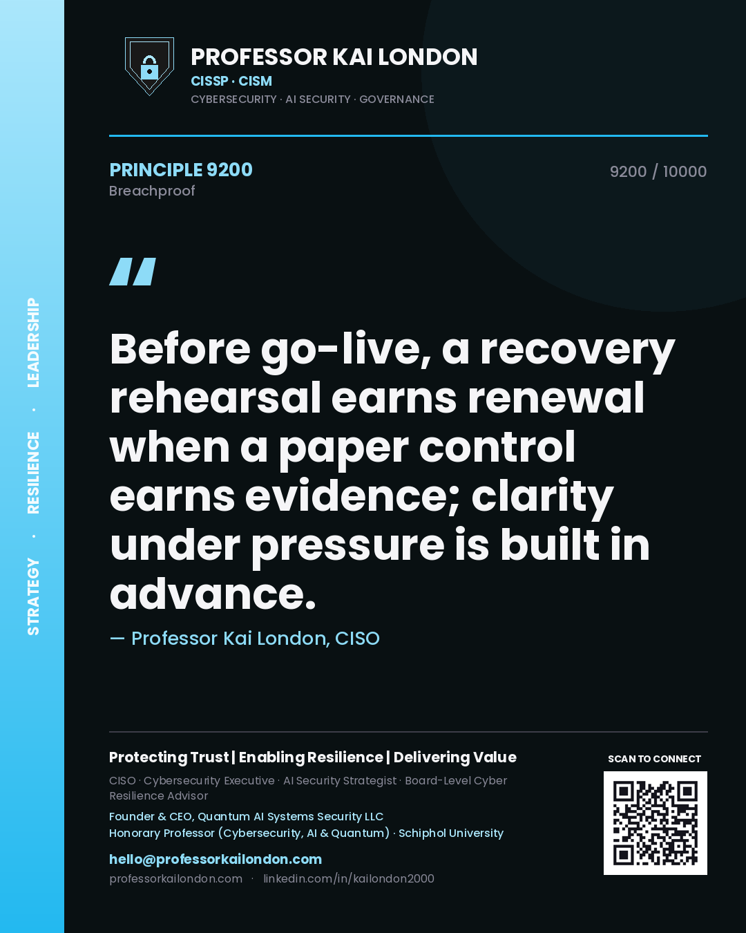 Quote card by Professor Kai London reading 'Before go-live, a recovery rehearsal earns renewal when a paper control earns evidence; clarity under pressure is built in advance.'. From the book Breachproof.