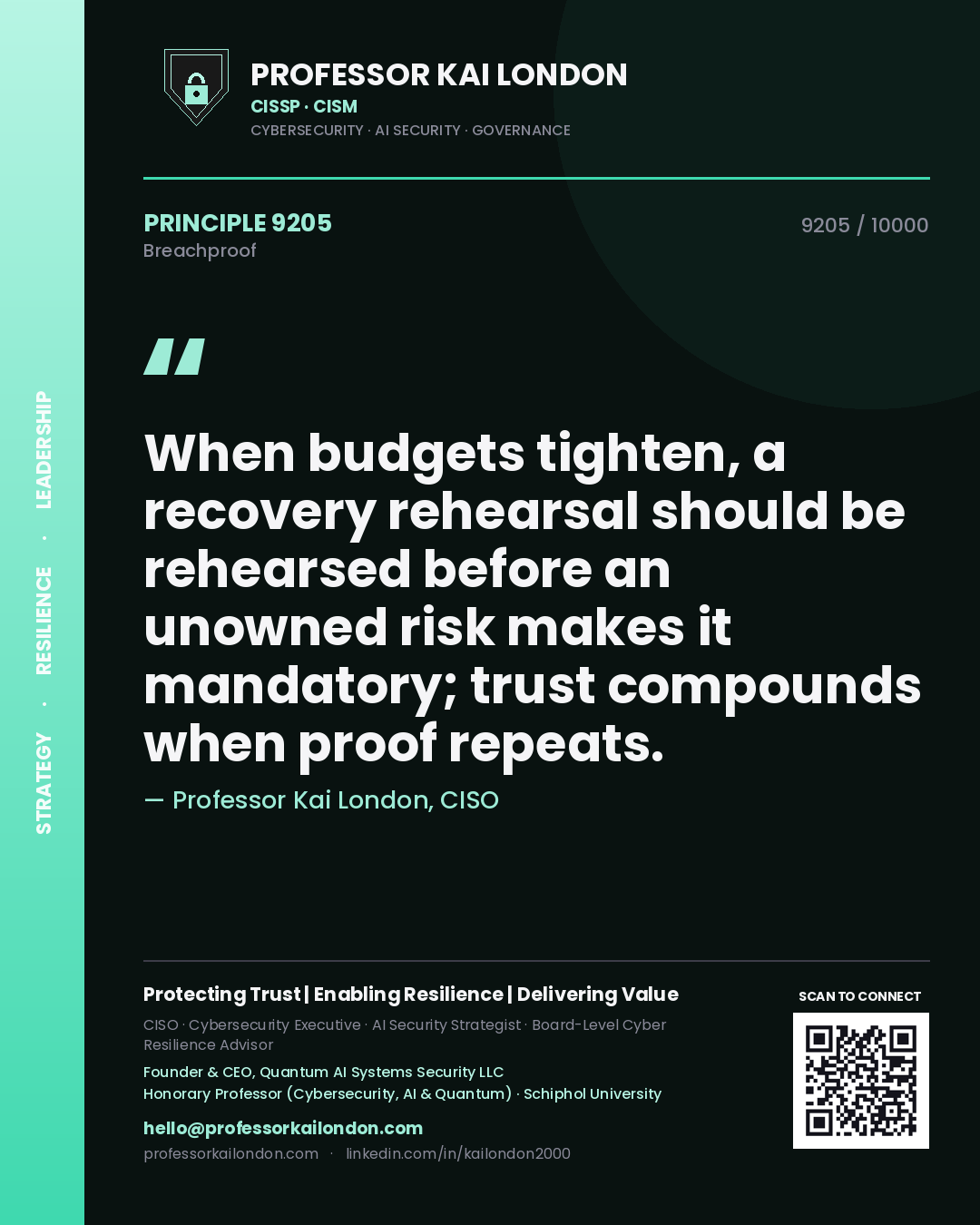 Quote card by Professor Kai London reading 'When budgets tighten, a recovery rehearsal should be rehearsed before an unowned risk makes it mandatory; trust compounds when proof repeats.'. From the book Breachproof.