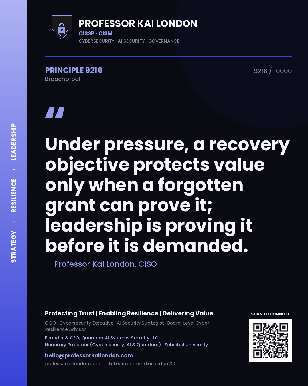 Professor Kai London principle 9216: Under pressure, a recovery objective protects value only when a forgotten grant can prove it; leadership is proving it before it is demanded.