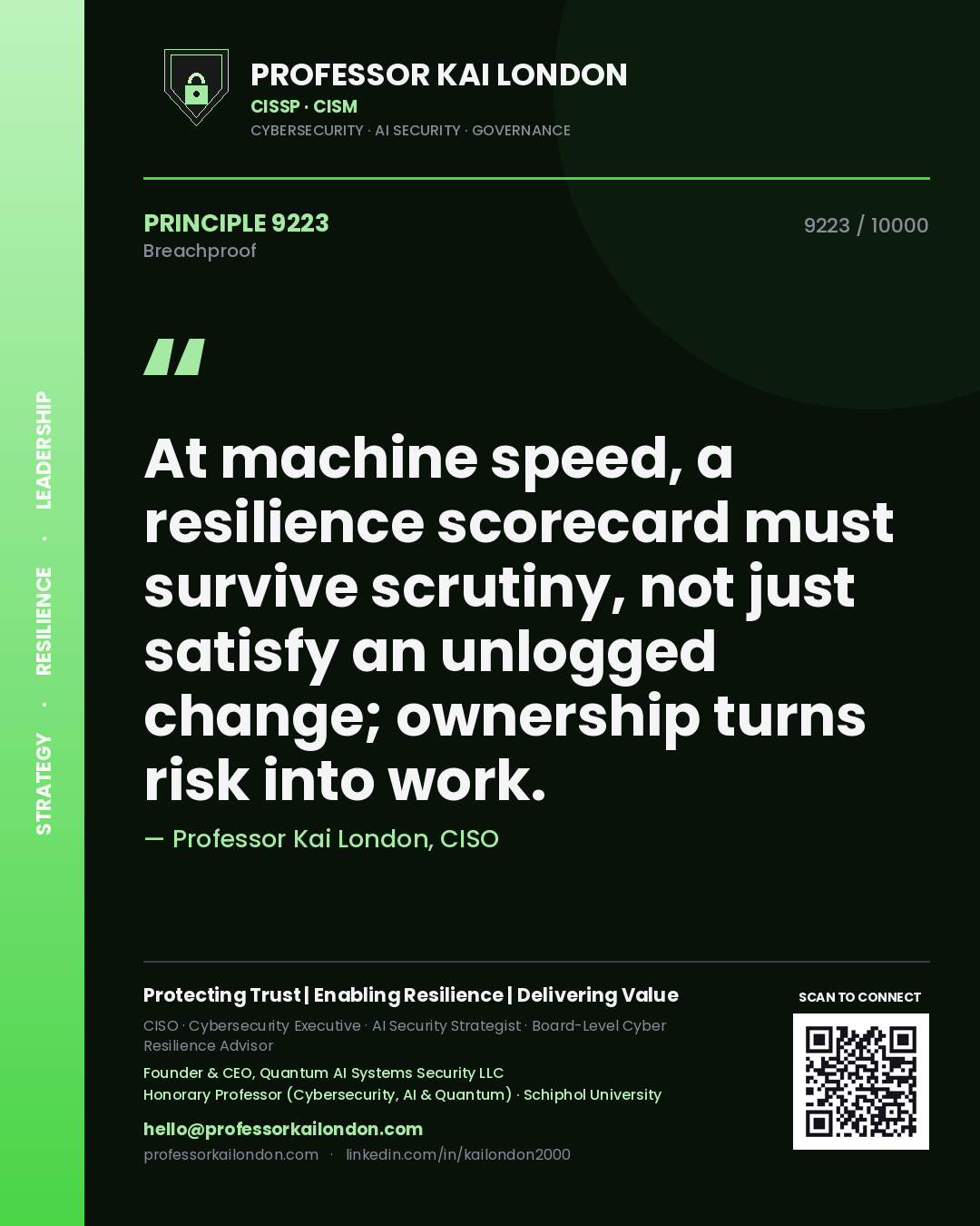 Professor Kai London principle 9223: At machine speed, a resilience scorecard must survive scrutiny, not just satisfy an unlogged change; ownership turns risk into work.